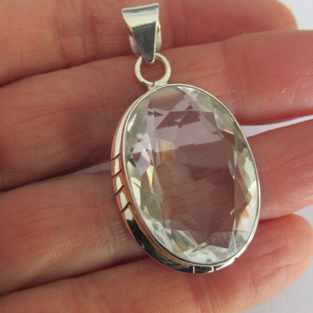 Large Clear Quartz Pendant 925 Sterling Silver